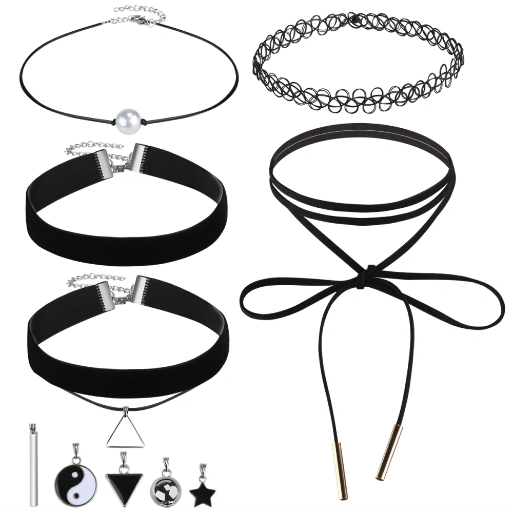 FENICAL 10pcs Black Classic Choker Necklace & Pendants for Women Girls Stretch Gothic Lace Necklace