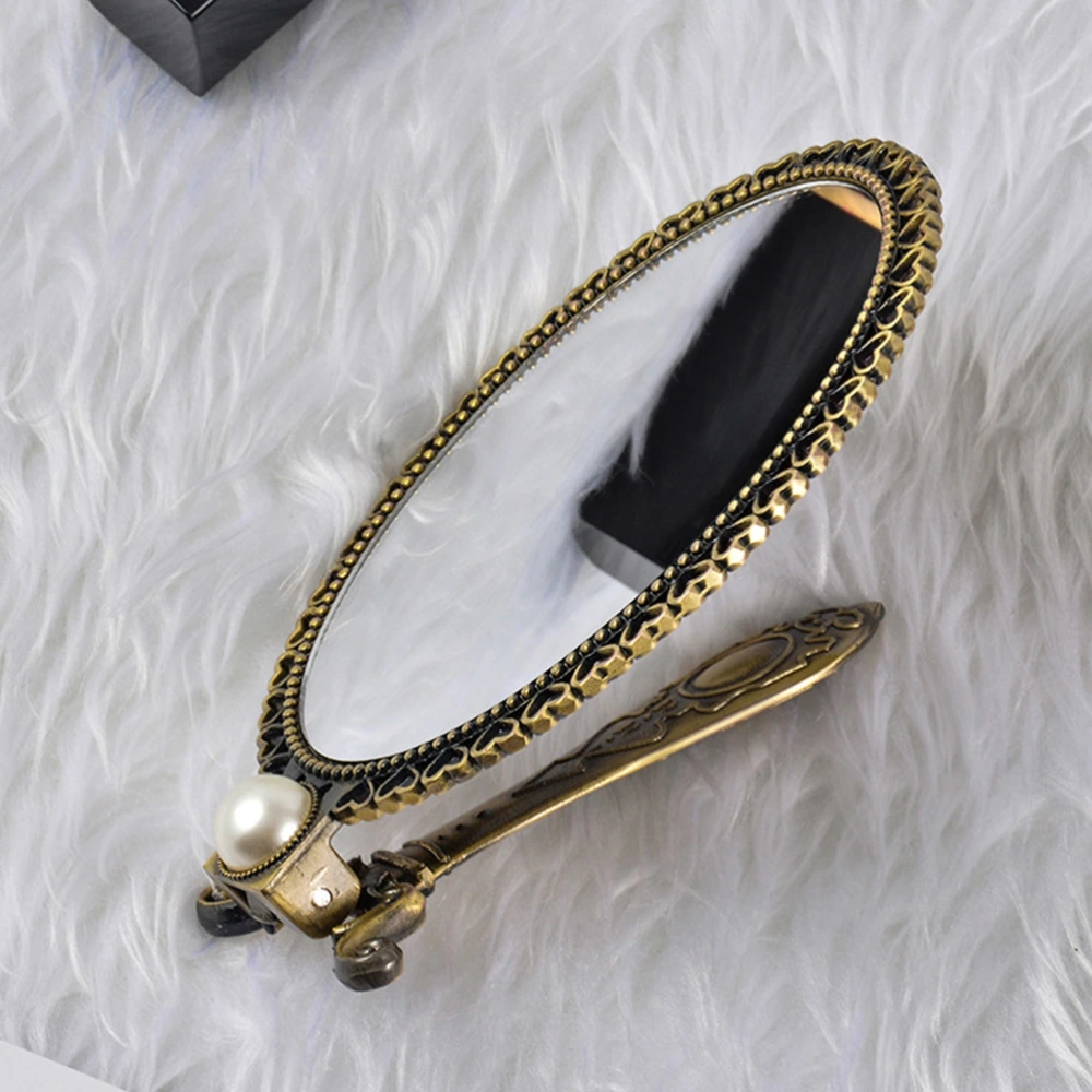 1pc Portable Foldable Handheld Retro Creative Mirror Bronze Metal Makeup Mirror