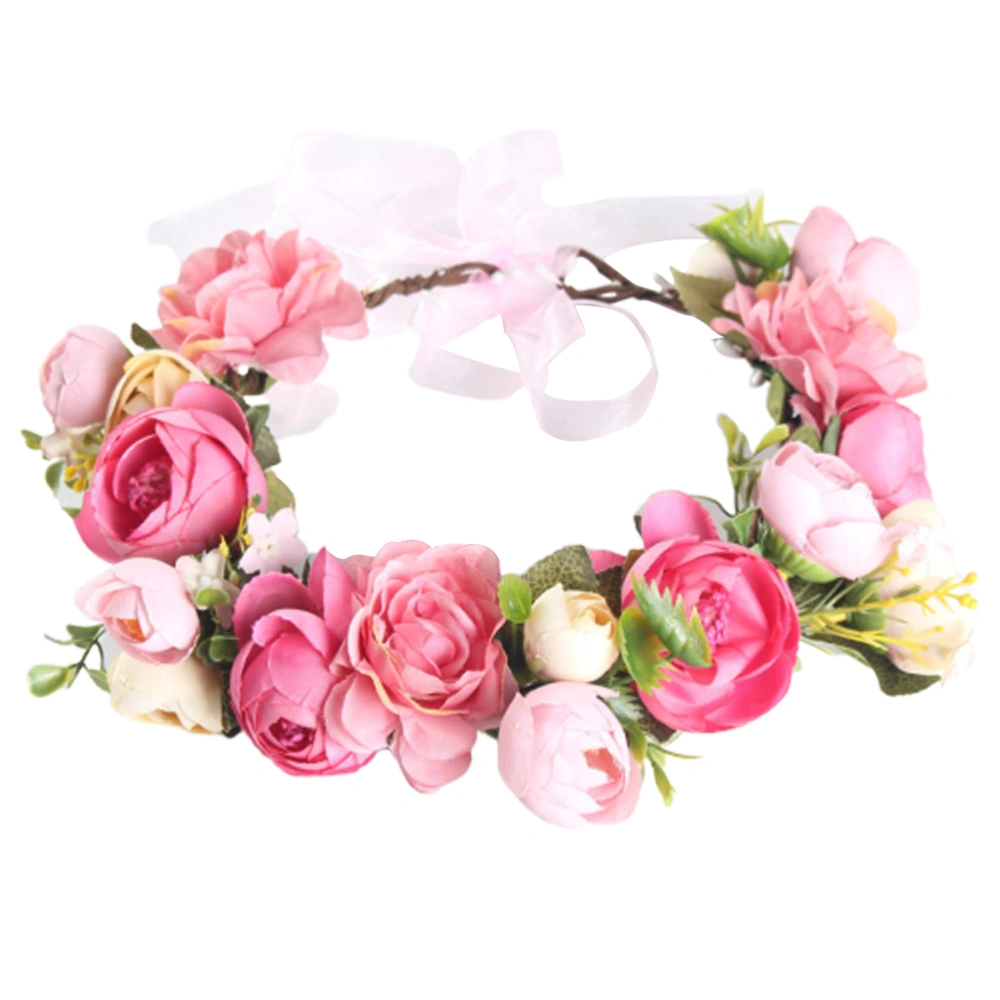 Bridal Wreath Simulation Rose Flower Headdress Handmade Hair Ornament for Decoration (Pink)