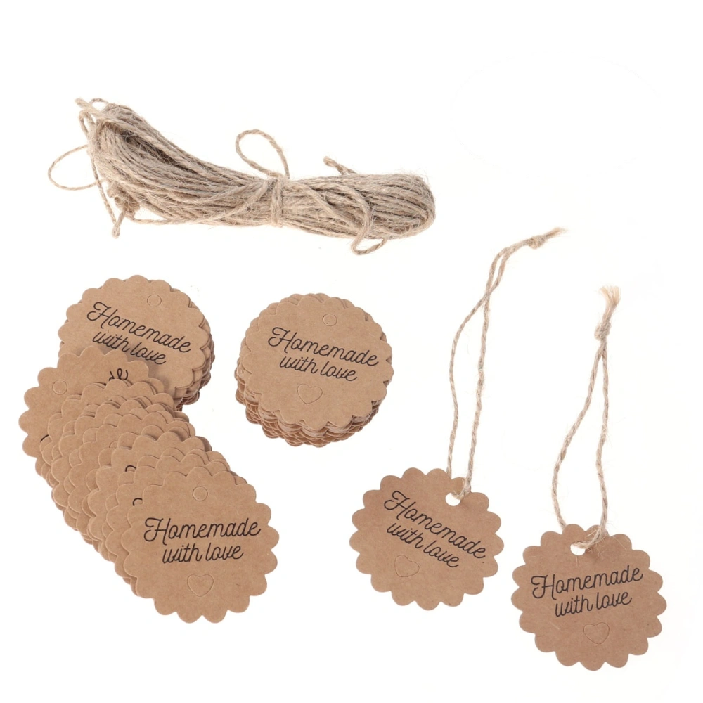 100pcs Kraft Paper Tags with Strings Gift Favors Baking Food Package Tags Handmade with Love Hanging Labels (Circle, 5x5cm)