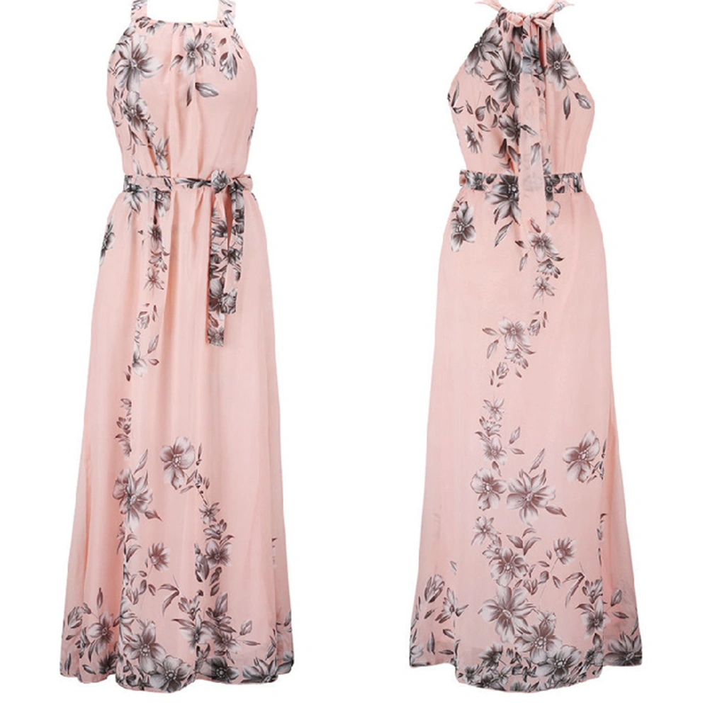 Long Bohemian Printing Chiffon Dress Summer Beach Sundress for Women - Size M (Pink)