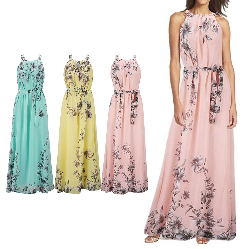 Long Bohemian Printing Chiffon Dress Summer Beach Sundress for Women - Size M (Pink)