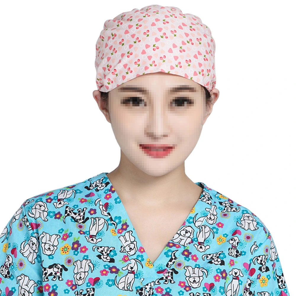 Pink Heart and Flower Printing Hat Adjustable Lace-up Doctor Nurse Sweat Absorbing Cotton Working Hat Head Protector- One Size