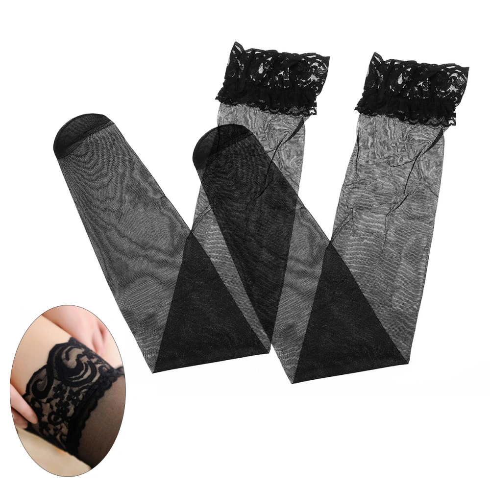 Women Thigh High Stockings Sexy Silk Sheer Socks with Filet Trimming for Dressing Decoration (Black)