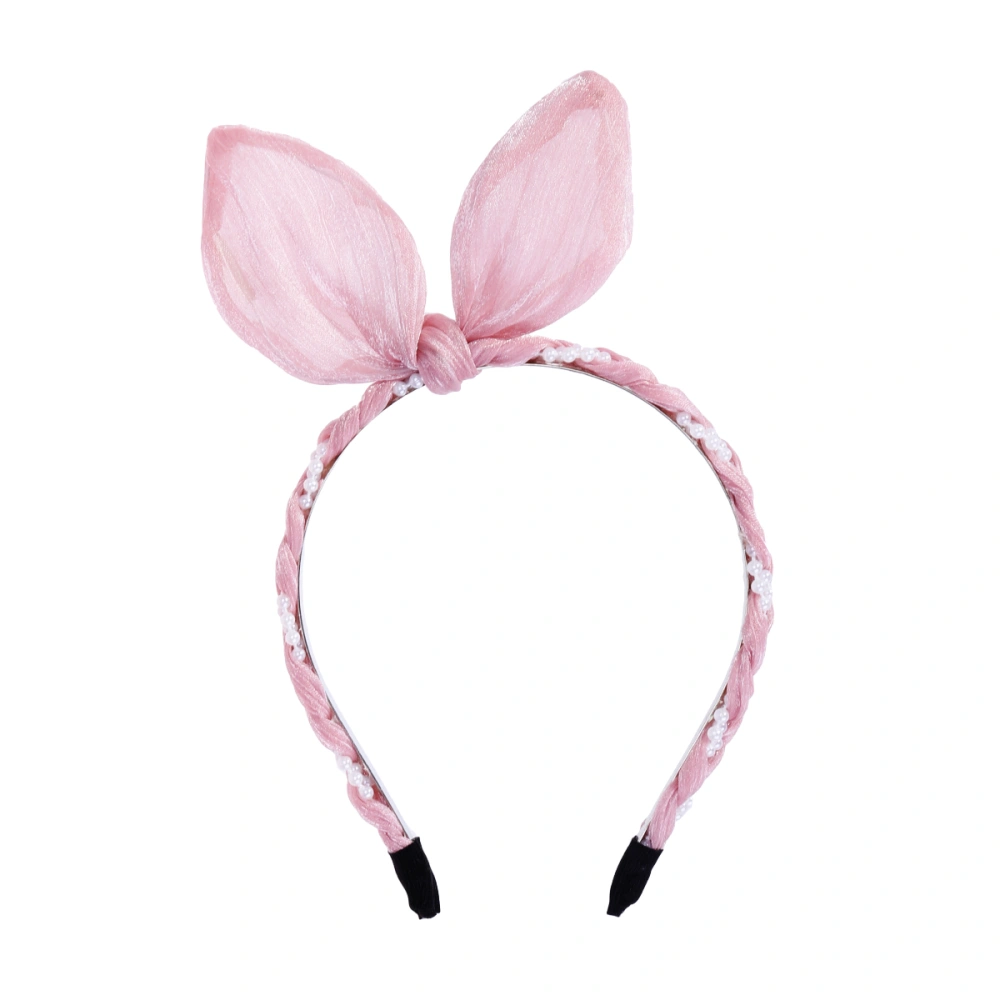 Vintage Voile Bunny Ears Headband Pearl Braided Wide Hair Band Headware Hair Hoops Novelty Party Costume Hair Accessory For Kids Girls (Pink)