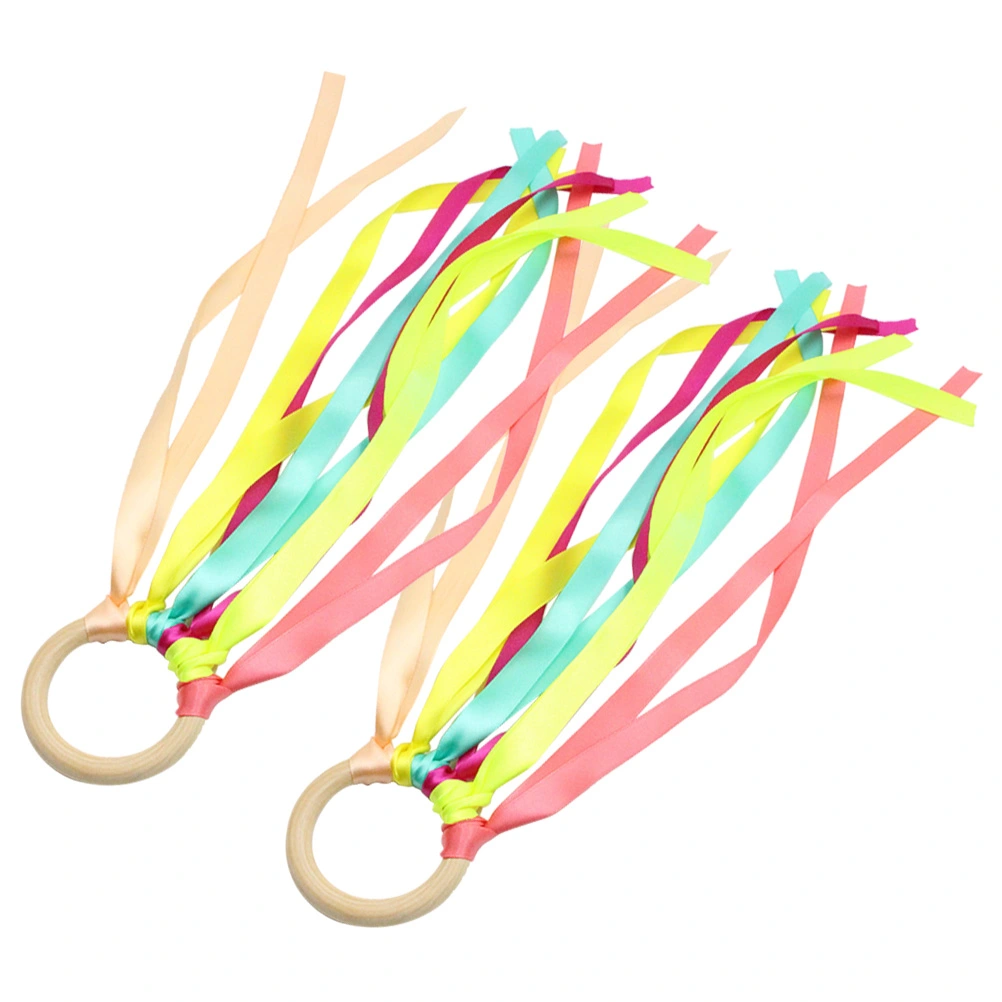 2PCS 25CM Colorful Cheerleading Bell Prop Wooden Round Handle Dance Ribbon for Kids Stage Performance Party