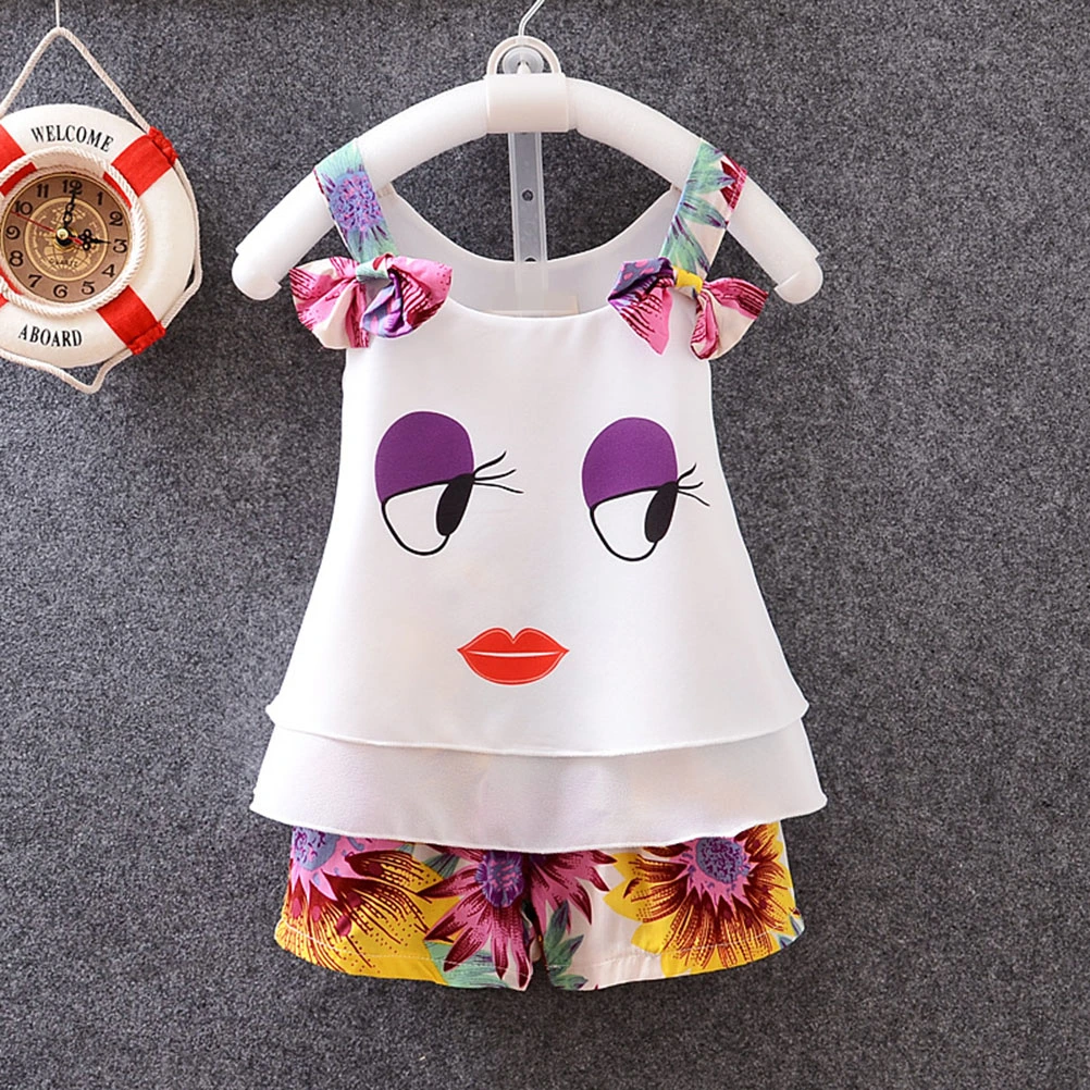 Baby Girl Summer Clothing Suit Two Pieces Sleveless Strap Shirts and Short Pant (Yellow Pants 75cm)