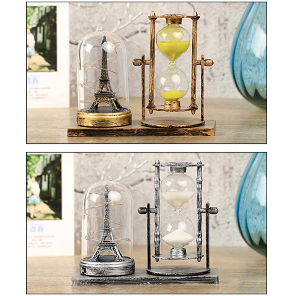 European Style Retro Iron Tower Hourglass Illuminate Sand Clock Sandglass Desktop Craft Souvenir for Home Hotel Decor (Mixed Style)