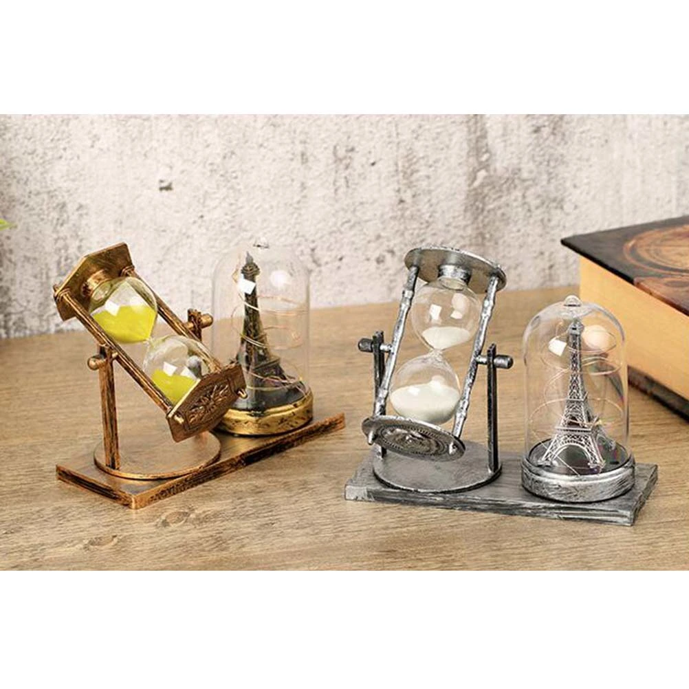 European Style Retro Iron Tower Hourglass Illuminate Sand Clock Sandglass Desktop Craft Souvenir for Home Hotel Decor (Mixed Style)