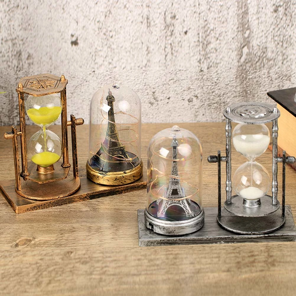 European Style Retro Iron Tower Hourglass Illuminate Sand Clock Sandglass Desktop Craft Souvenir for Home Hotel Decor (Mixed Style)