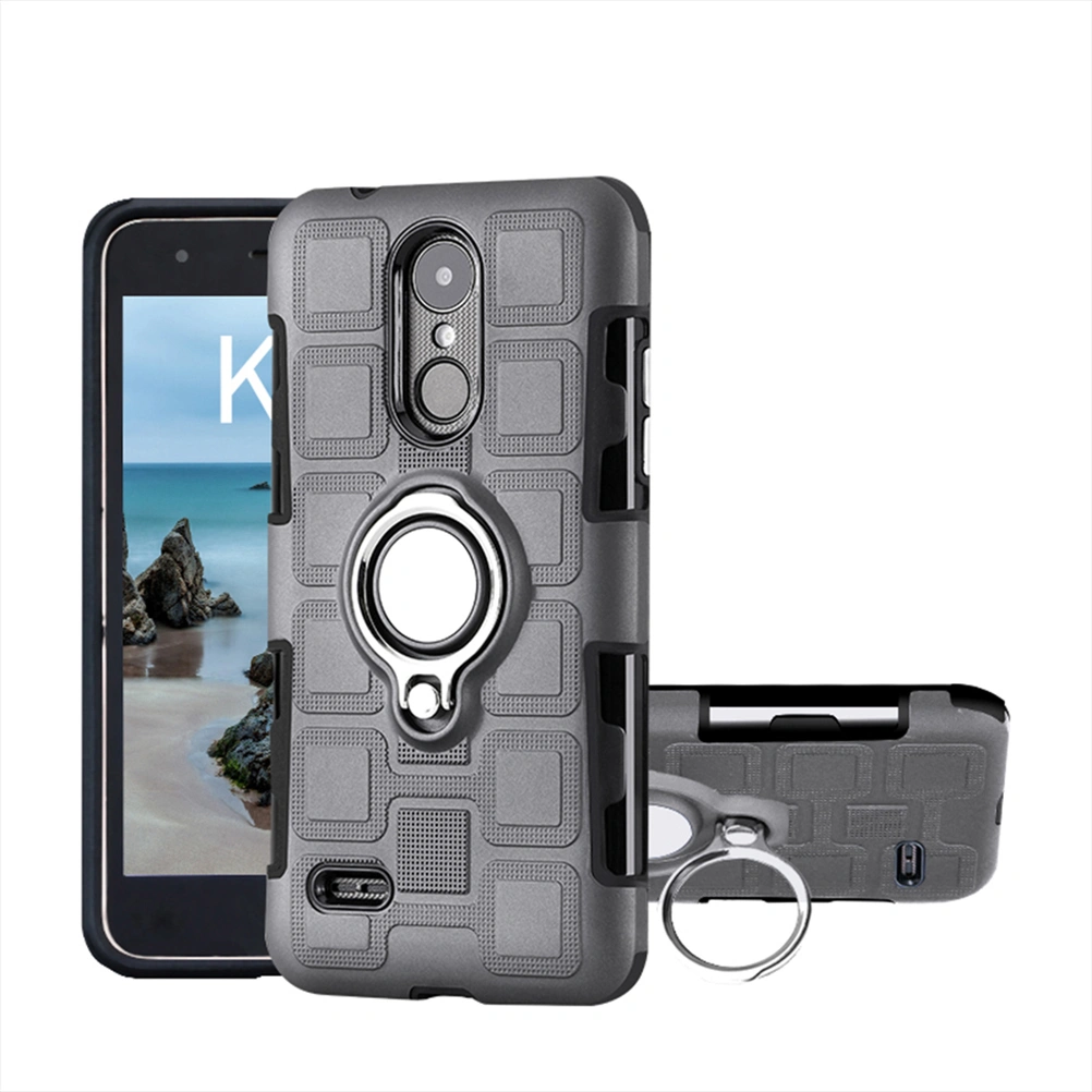 1PC Phone Case Three-in-one with Back Clip 360 Degree Ring Car Magnetic Heavy Duty Shockproof TPU & Hard PC Solid Three-Layer Mobile Phone Case for LG K4 2017(Grey)