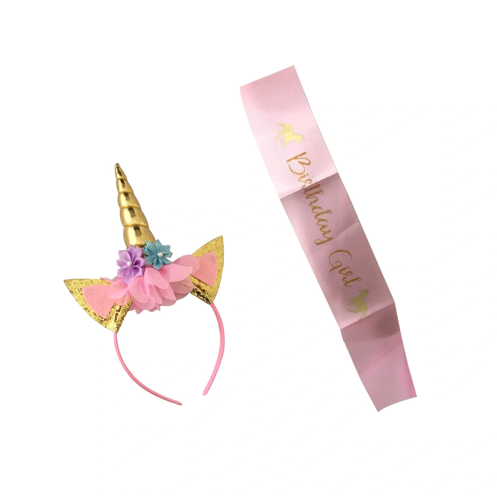 2pcs Unicorn Headband and Satin Sash Printed with Party Supplies Set