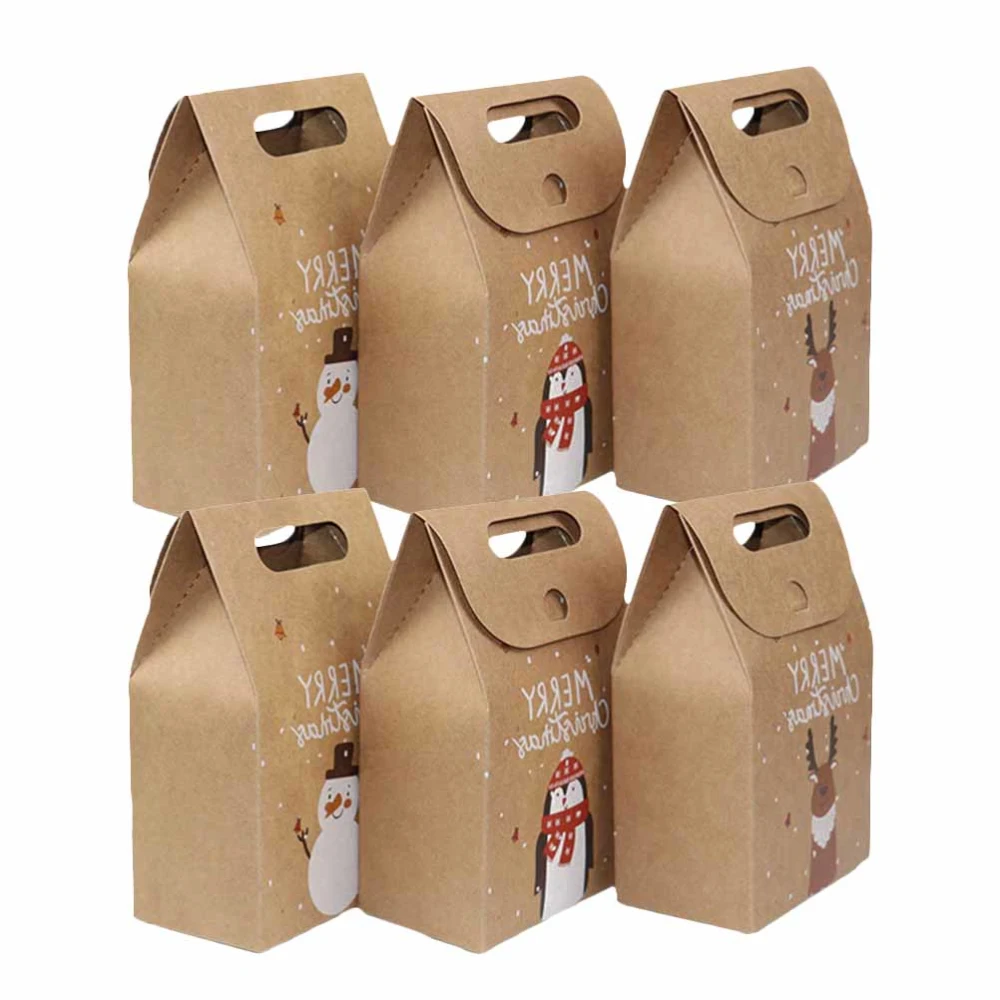 6Pcs Retro Candy Cookies Kraft Paper Bag with Handle Christms Gift Packaging Party Favor Boxes Light Brown