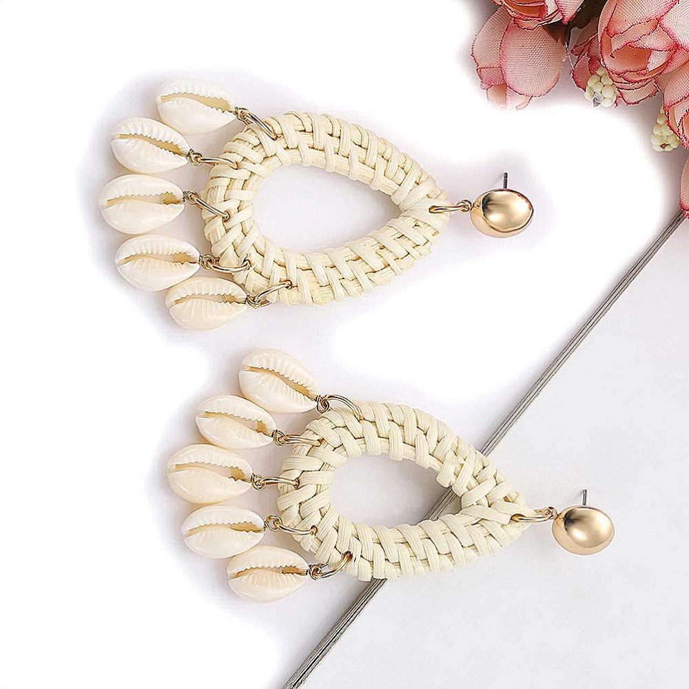 Shell Eardrop Rattan Kintting Retro Water Drop Handcraft Hollow Eardrop Beautiful Jewelry Earring for Woman (White)