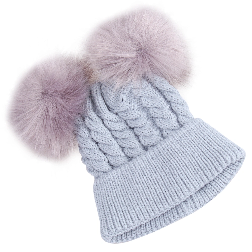 Kids Headdress Winter Baby Warm Twisted Knit Hat Double Hairball Kids Hat Baby Crochet Hat (Grey)