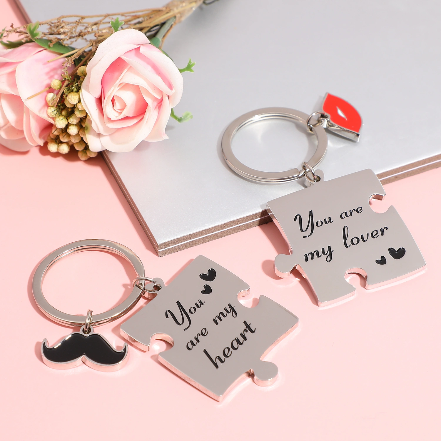 VALICLUD 1 Pair Couple Puzzle Keychain "You Are My Lover" "You Are My Heart" 2-piece Matching Keychain Zinc Alloy Keyring for Valentine's Day Birthday