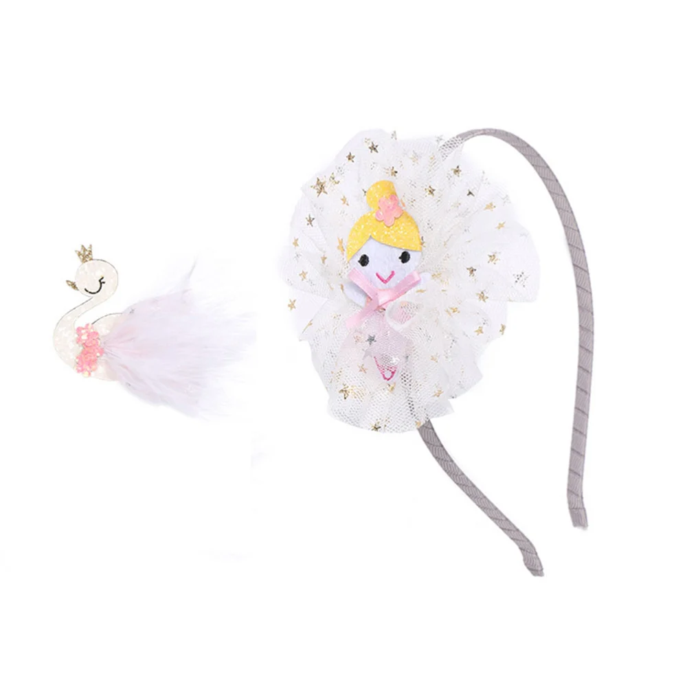 2pcs Ballet Girl Hair White Swan Hairpin Beautiful Gauze Headdress Creative Girls Hair Decor (2# Ballet Girl Hair Hoop, 6# White Swan Hair Clip)