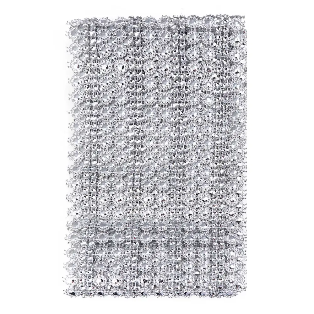 1 Yard 16 Row Diamond Flower Shape Mesh Wrap Roll Faux Rhinestone Crystal Ribbon For Birthday Bridal Shower Wedding Cake Vase Decorations Party Supplies (Silver)