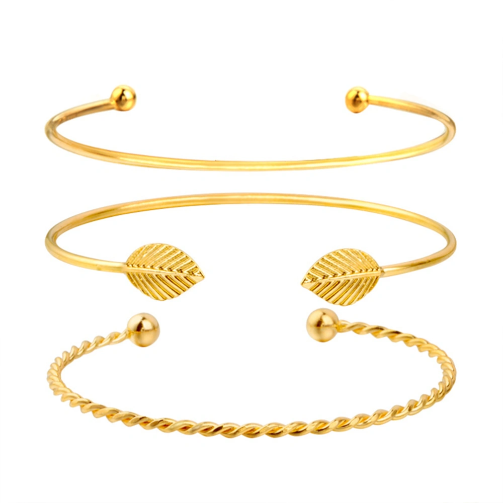 3pcs Multi-layer Leaf Opening Bracelets Fashion Women Decor Adjustable Bracelet Cuff Bangle (Gold)