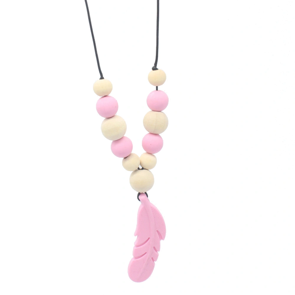 Nursing Feather Pendant Baby Teether Silicone Soother Chew Toy Teething Necklace(Pink)