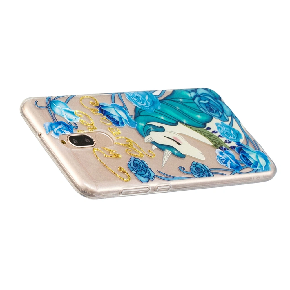 Exquisite Pattern Protective Phone Cover Scratch-resistant Shockproof TPU Full-covered Phone Case for HUAWEI Mate10Lite/MAIMANG 6 (Blue Flower and Unicorn)