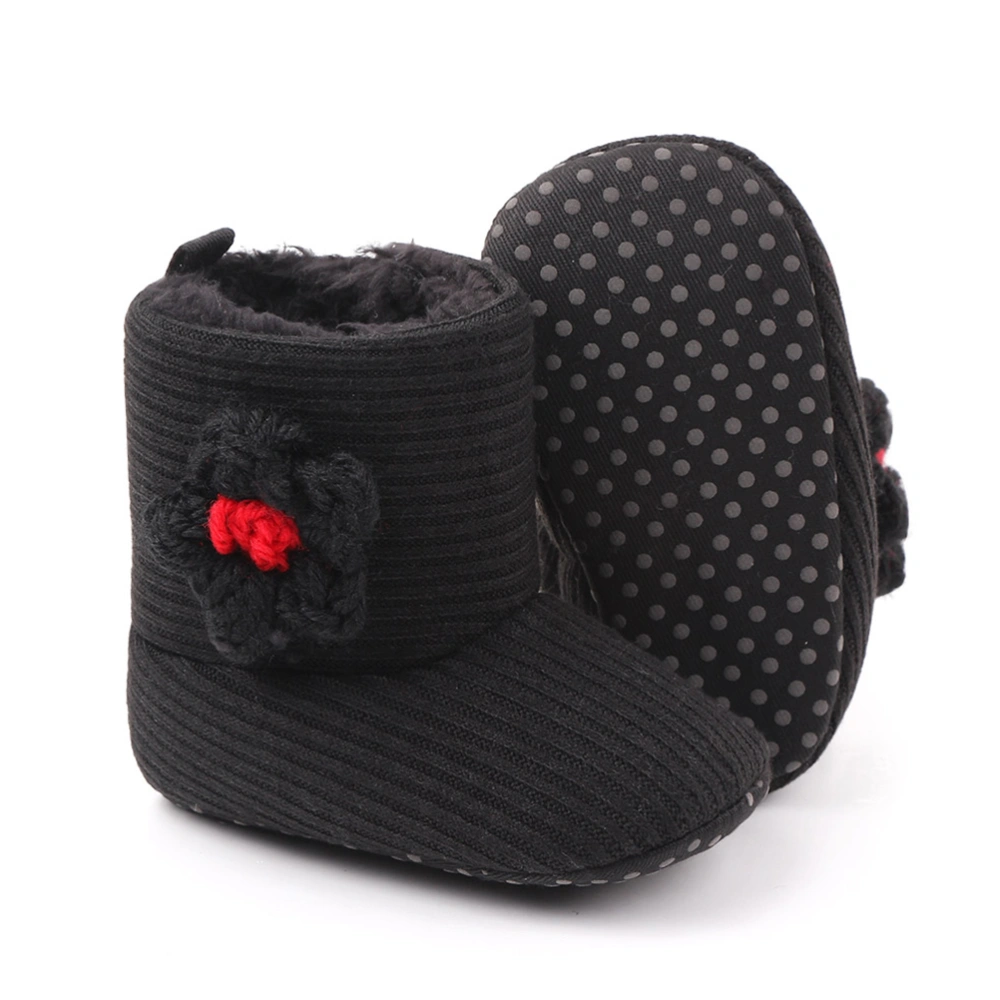 Baby Snow Boots Thicken Plush Winter Warm Snow Boots Knitting Wool Flower Decorative Prewalker Baby Shoe (Black 13cm Style)