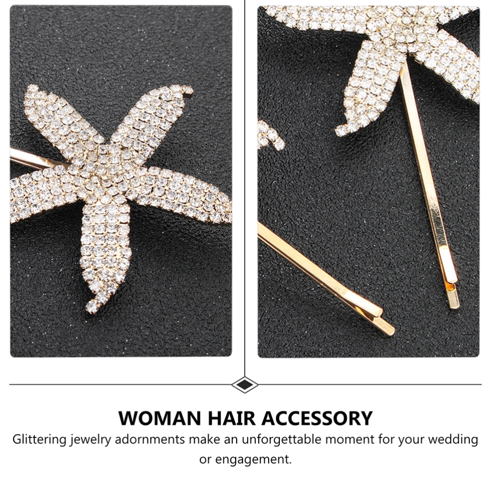 1 Pair Alloy Rhinestone Hair Clips Starfish-shaped Bridal Hairpins (Golden)