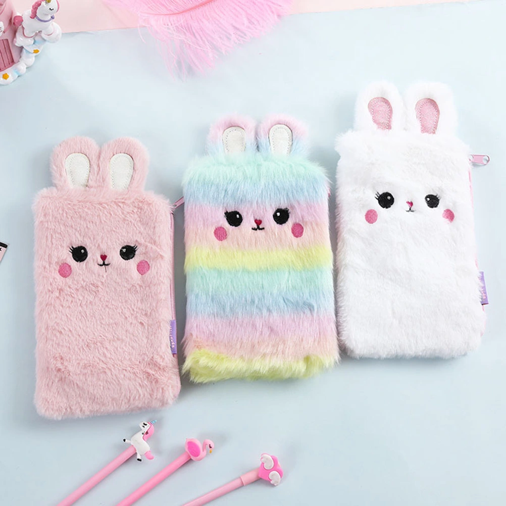 Colorful Plush Pencil Bag Bunny Stationery Storage Bag Rabbit Ear Design Pouch Coin Purse School Office Supplies