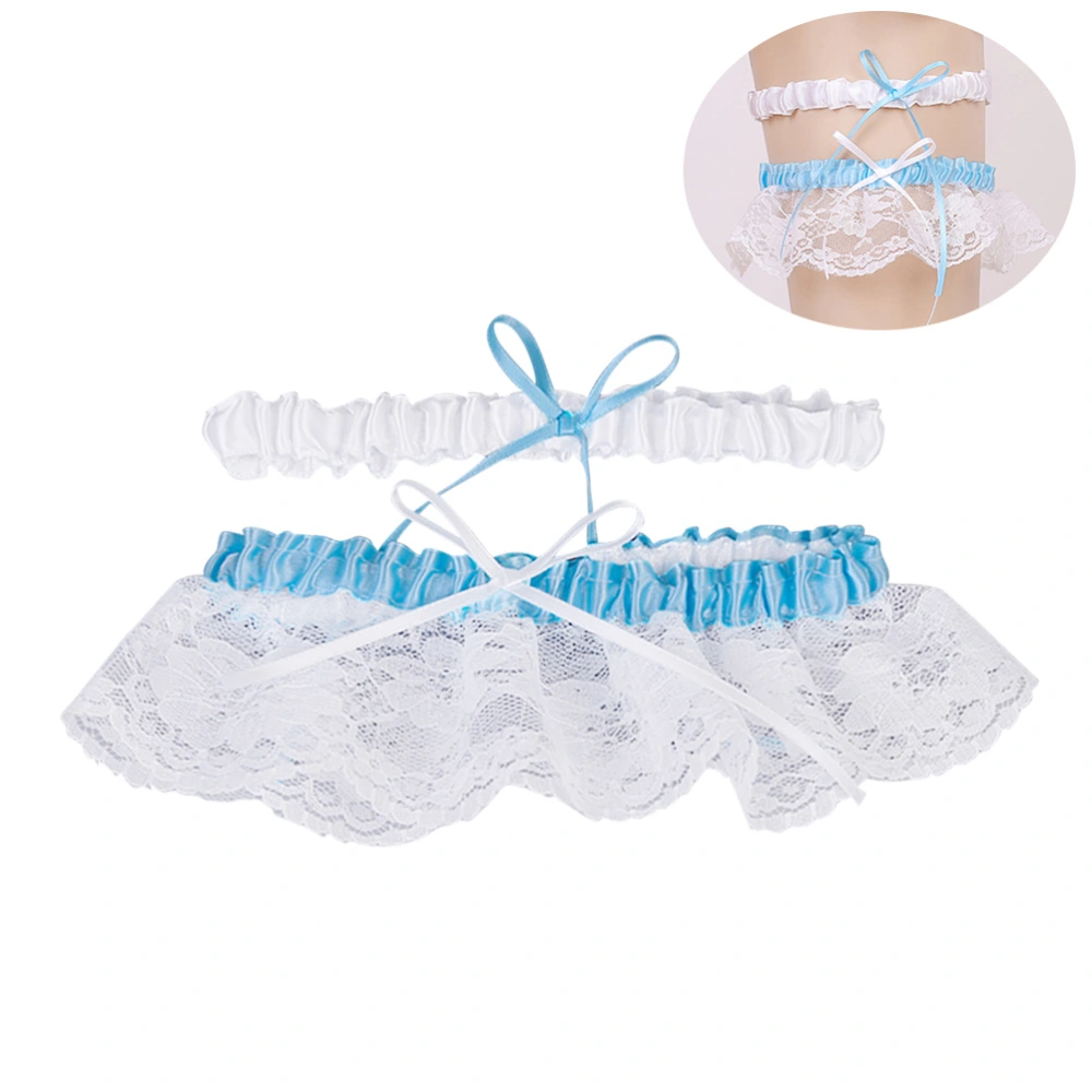 1 Pair Western Wedding Bride Garter Bowknot Lace Bridal Foot Decor Floral Ornaments (Sky-blue)