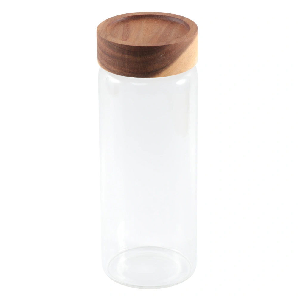 1pc Glass Sealed Box Container Round Shape Wood Lid Transparent for Kitchen Home (80x200mm 800ml)