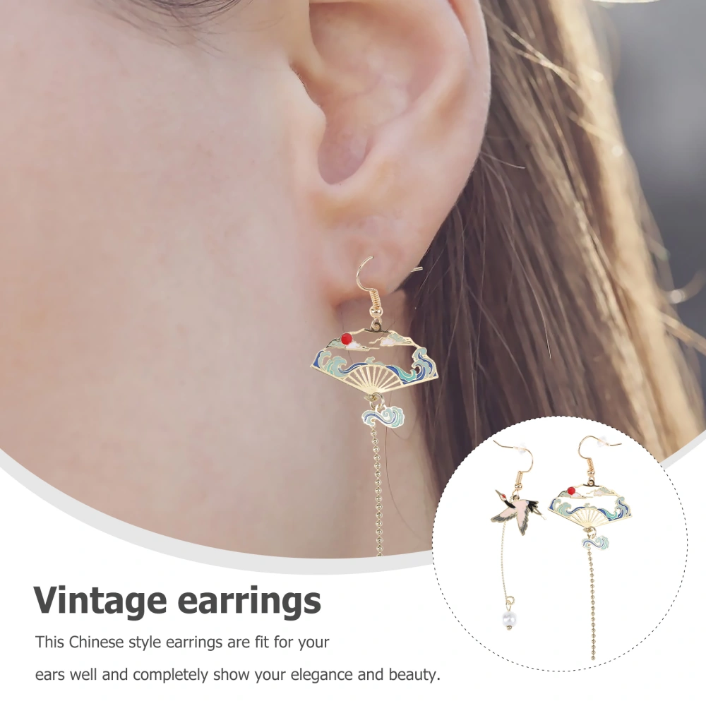 1 Pair Fan Earrings Chinese Earrings Crane Tassel Earrings Asymmetric Earrings