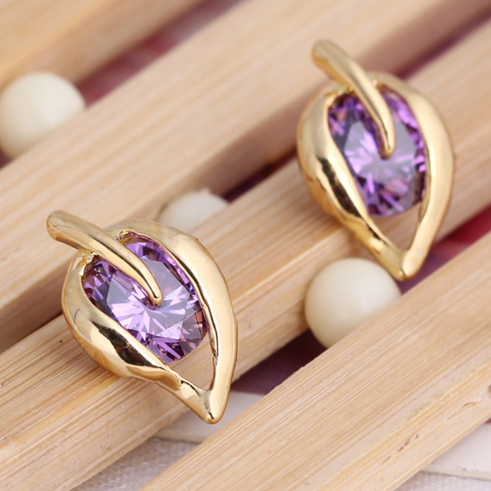Pair of Women's Girls Leaf Style Zircon Eardrop Earrings Ear Studs (Purple)