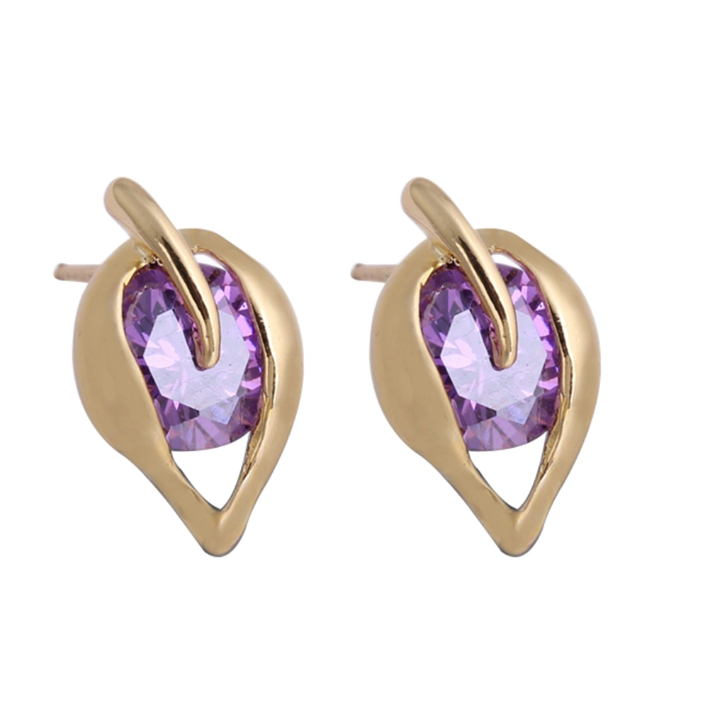 Pair of Women's Girls Leaf Style Zircon Eardrop Earrings Ear Studs (Purple)
