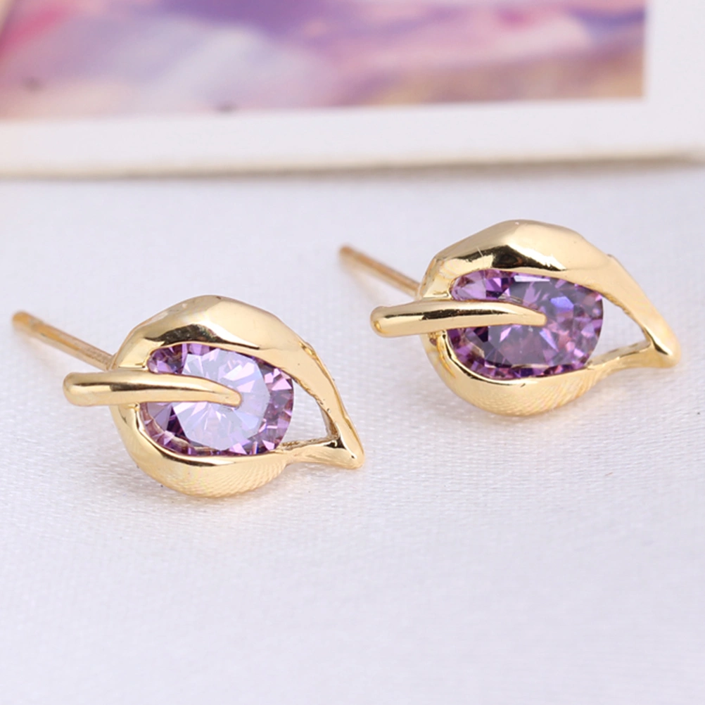 Pair of Women's Girls Leaf Style Zircon Eardrop Earrings Ear Studs (Purple)