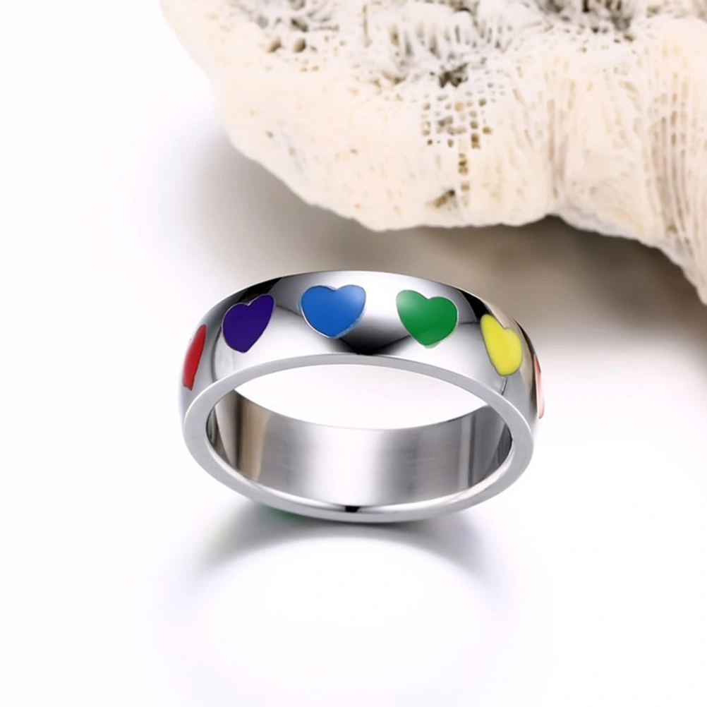 Titanium Steel Finger Ring Epoxy Rainbow Heart Shaped Ring Couple Rings Size 12