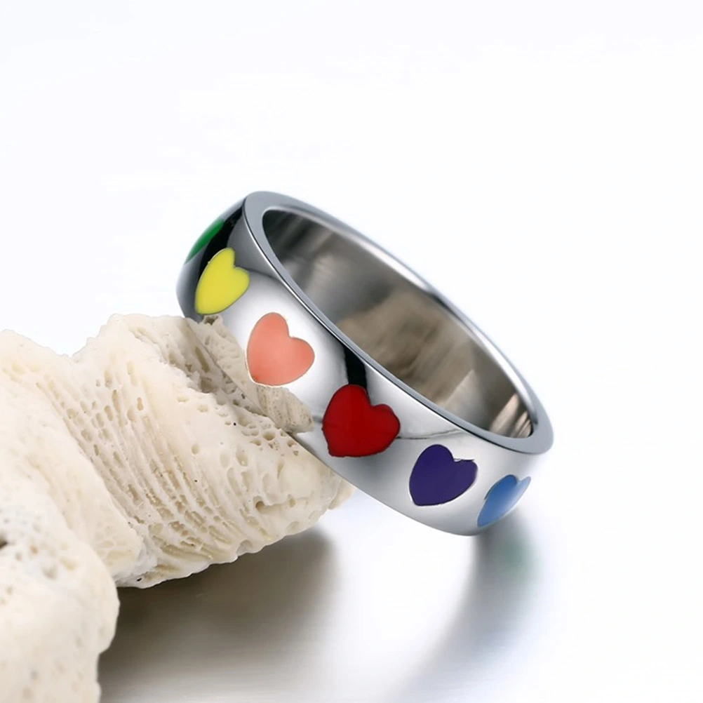 Titanium Steel Finger Ring Epoxy Rainbow Heart Shaped Ring Couple Rings Size 12
