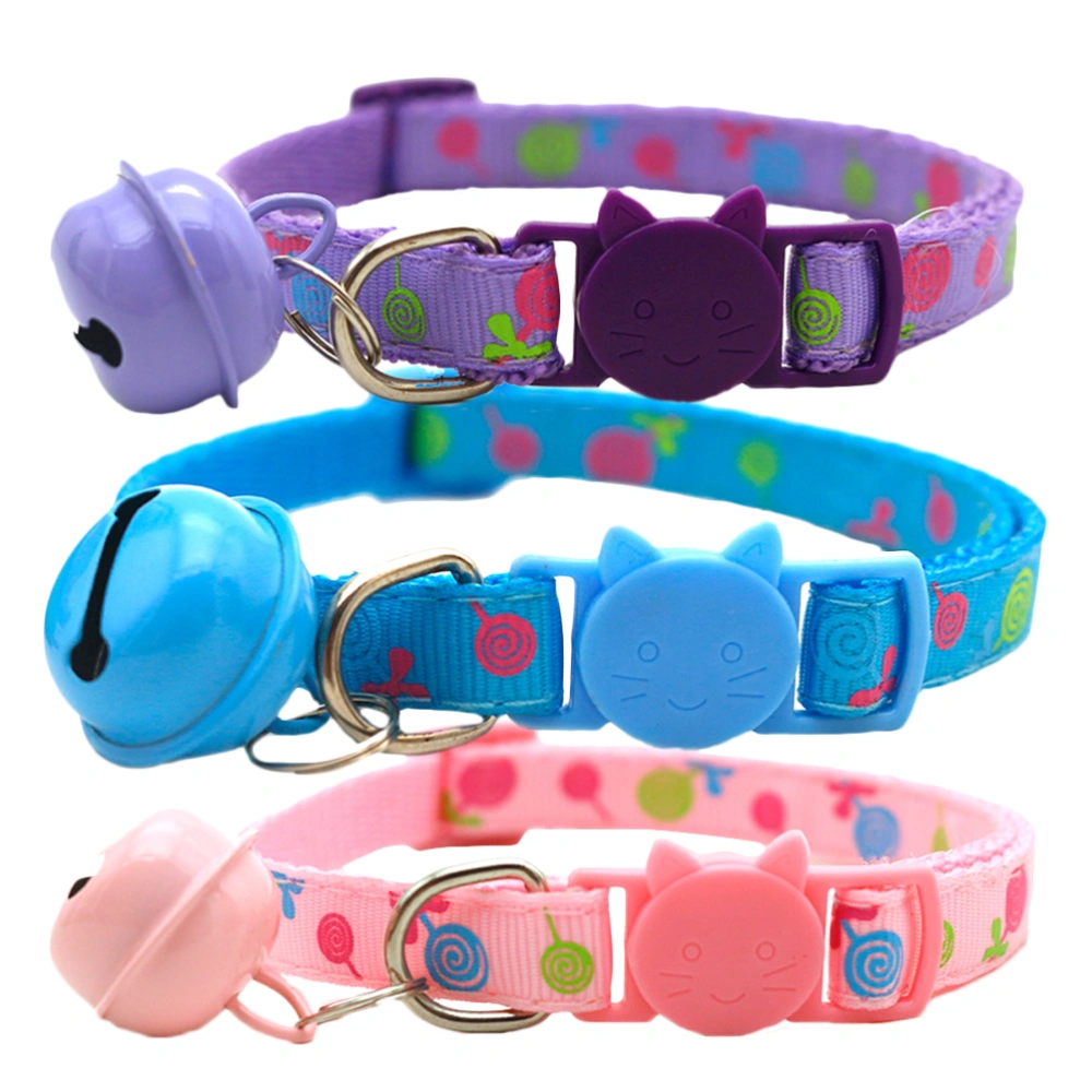 3Pcs Colorful Cat Buckle Collar Adjustable Separation Cat Collar Lollipop Pattern With Bell Collar Cat Dog Collar(Purple, Sky-blue and Pink)