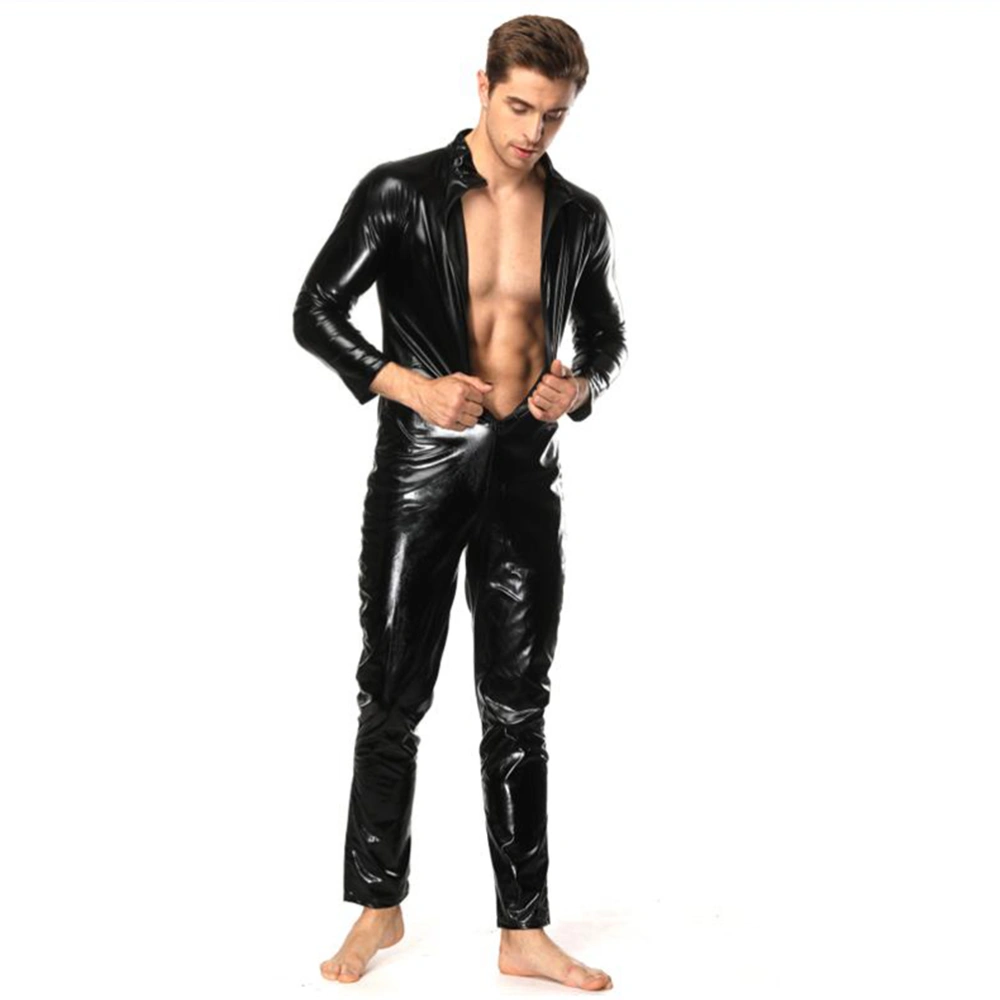 Men's Sexy Lingerie Patent Leather Bodysuits Zipper Crotch One-piece Underwear Men's Club Clothing Size XL Black