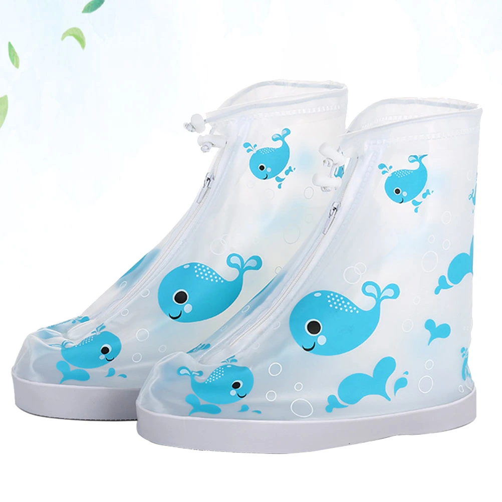1 Pair Blue Dolphin Rainproof Shoe Covers Cartoon Pattern Rain Shoes Cover Non-slip PVC Shoe Protector for Kids (Size L 22.5CM, 5.5US, 3UK, 36EU, 8.8425Inch)