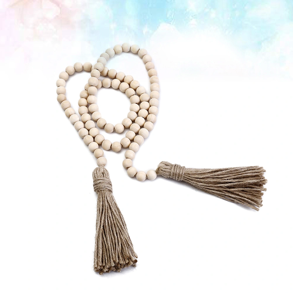 1PC 1.38M Long Hemp Rope Fringed Beads Wooden Beads with Hemp Rope Tassels Decor Simple Home Decoration Tapestry Closet Clothes Decorative Fringed Beads Pendants Size14MM
