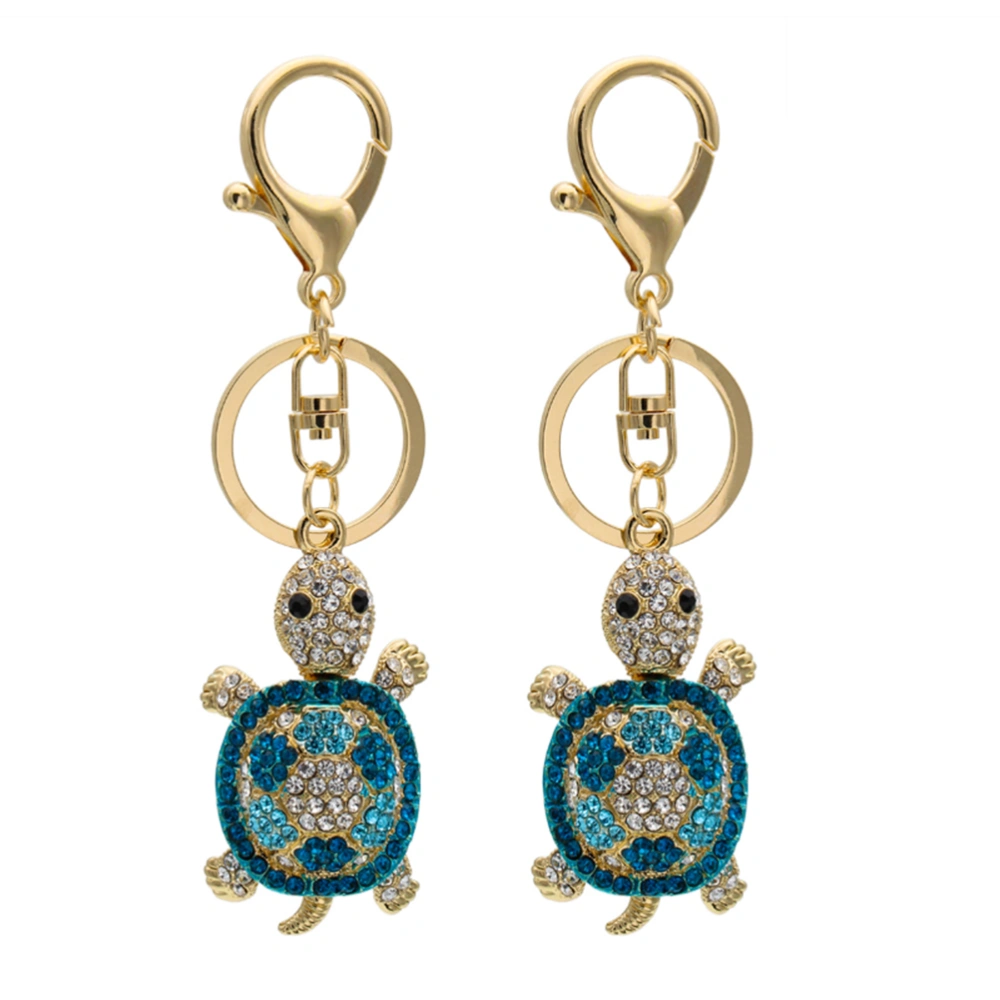 2pcs Turtle Rhinestone Keychain Car Keyring Purse Bag Pendant Decoration Hanging Keychain Accessory Creative Gift (Golden Blue)