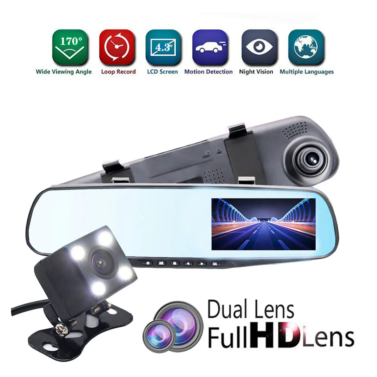 Advanced Reversing Camera 4.3 inch 1080P Dual Lens 170 Rear View Mirror Car DVR Camera Recorder