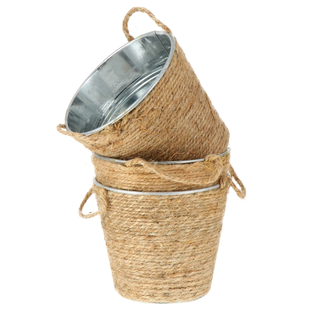 3pcs Iron Buckets Flowerpot Planter Gardening Plant Pot with Hemp Rope Handle