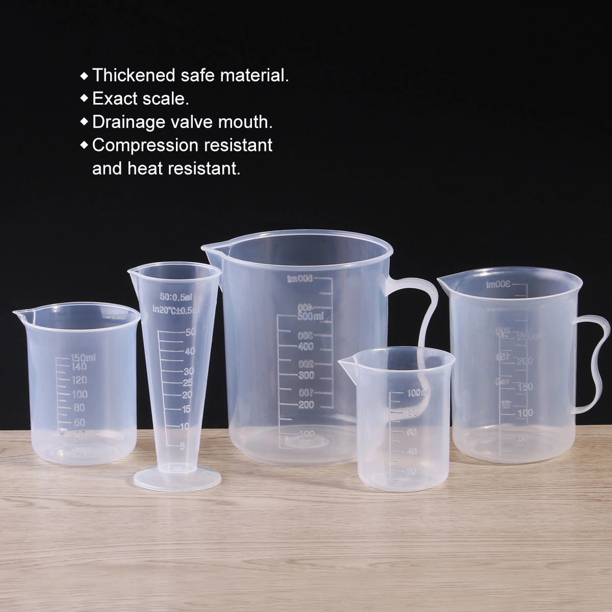 UEETEK 5pcs 50ml / 100ml / 150ml / 250ml / 500ml Measuring Cup Labs Plastic Graduated Beakers (Transparent)