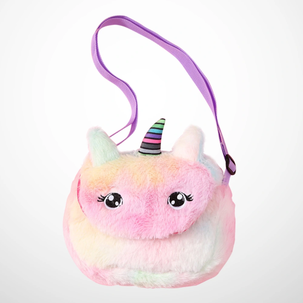 Pink Unicorn Design Shoulder Pouch Adorable Plush Crossbody Bag Fashion Kids Coin Bag Girl Storage Bag Portable Outdoor Purse with Purple Strap