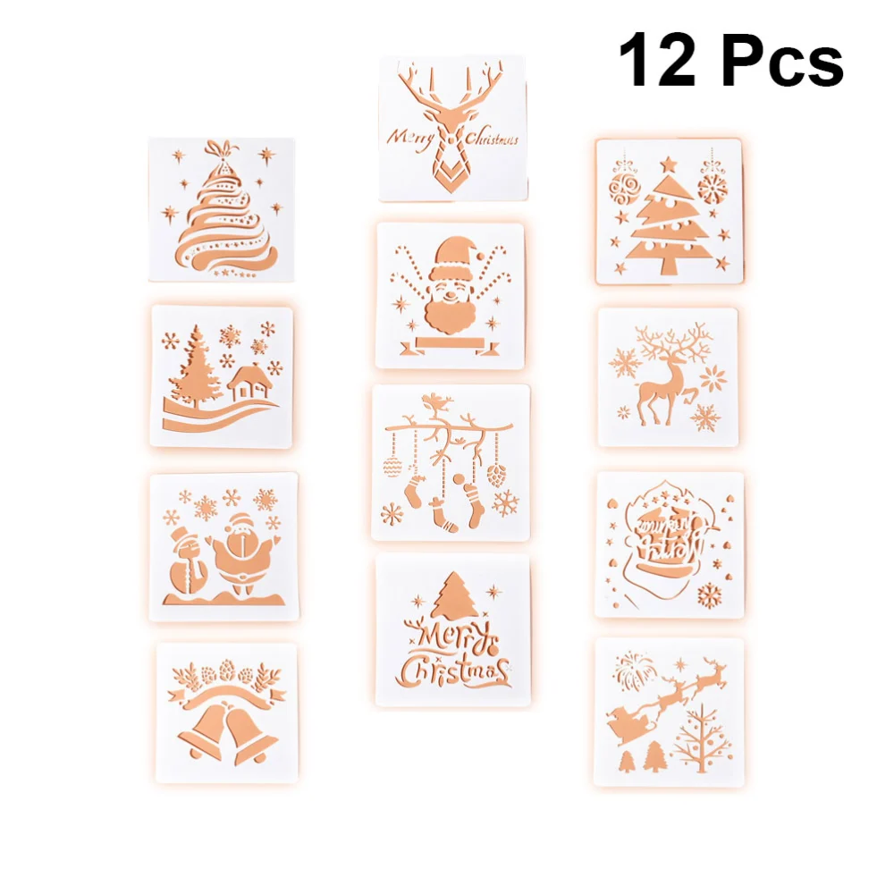 12pcs Christmas Elements Painting Template Drawing Tool Cartoon Hollow Painting Stencils Education Learning Toys White