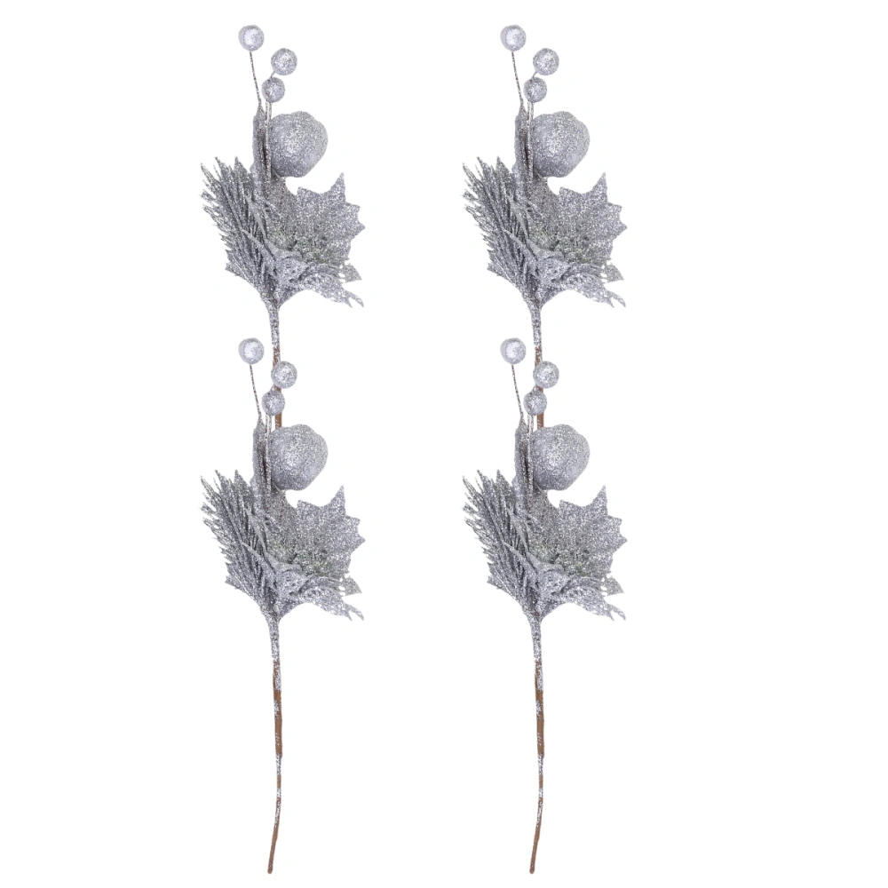 4pcs Silver Christmas Tree Branch Simulate Christmas Decoration Artificial Leaves Glitter Cone Mini Pick Stems Plant for DIY Home Ornament