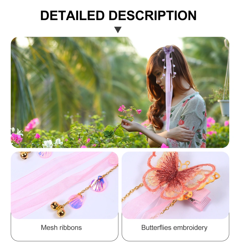 2 Pairs Chinese Style Butterflies Embroidered Shell Bells Ribbon Hair Clip