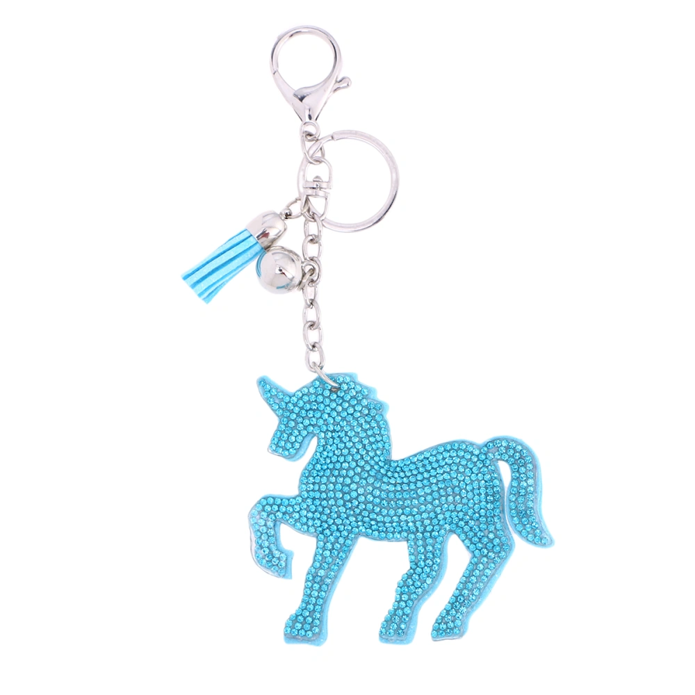 Rhinestone Lint Unicorn Keychain Tassels Keyring Handbag Decor Hanging Pendant for Purse Bag Car Key (Blue)