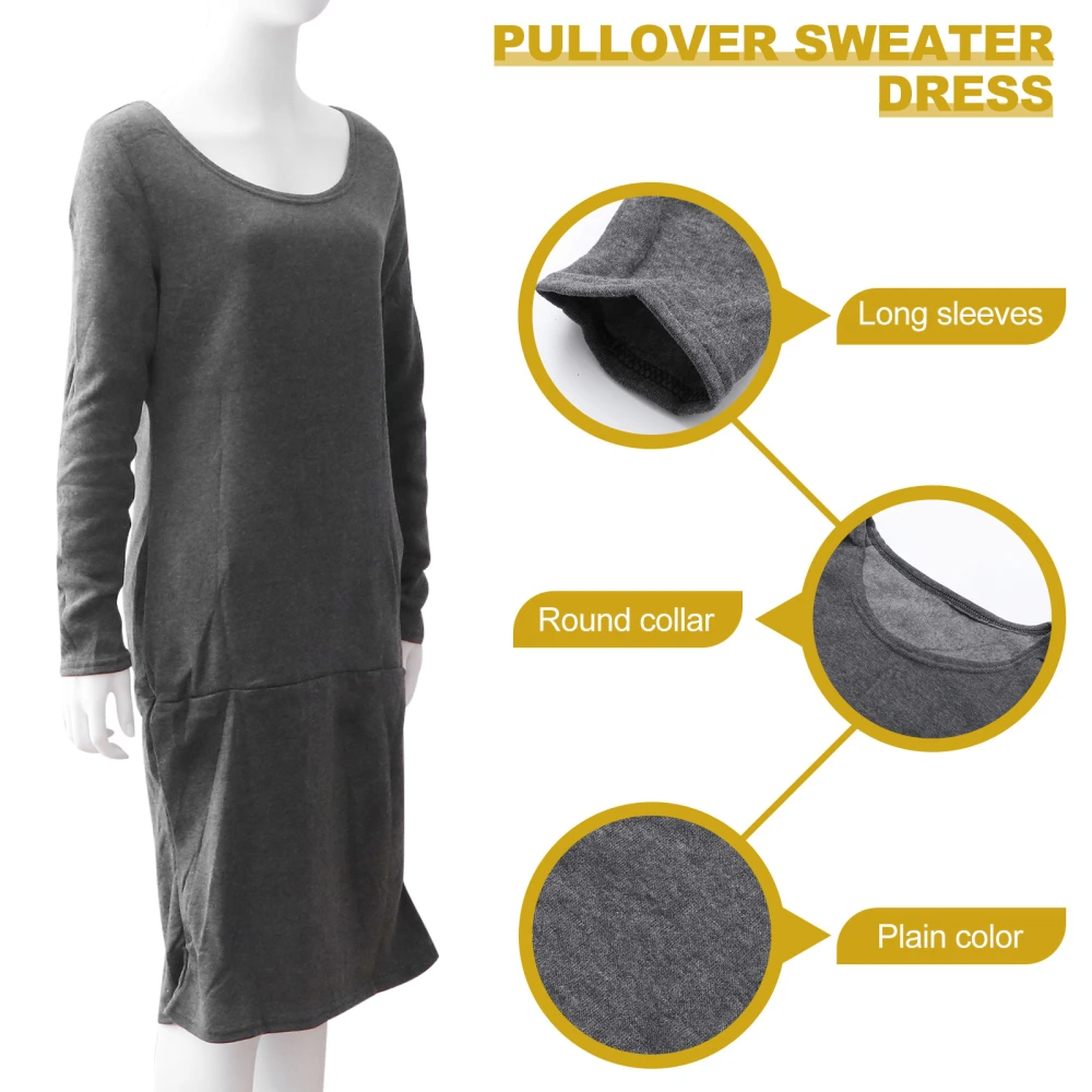 Women Girls Plain Sweater Dress Long Sleeve Package Hip Dress Pullover Sweatshirt Dress Size M (Dark Grey)